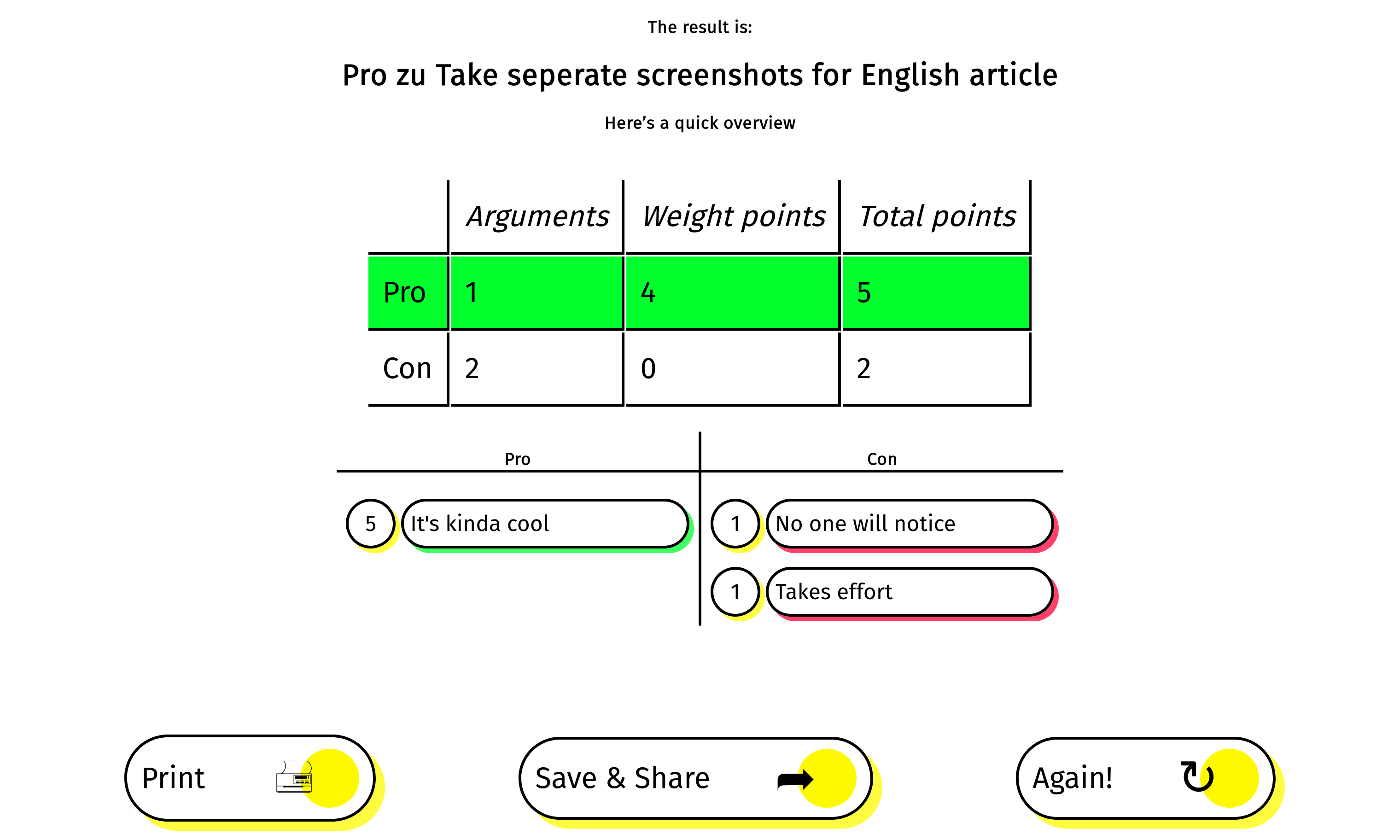 Argumentation evaluation summary